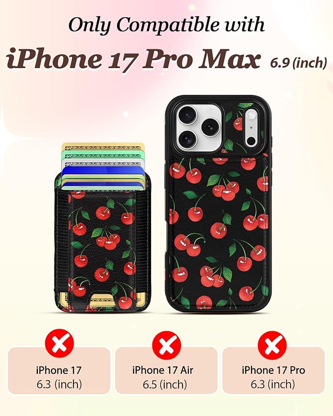 Shorogyt for iPhone 17 Pro Max Case Wallet - Fits 5 Cards, Compatible with Magsafe Detachable Magnetic Credit Card Holder Leather Cardholder Cute Phone Cover Women Girls for Apple 17 ProMax, Cherry