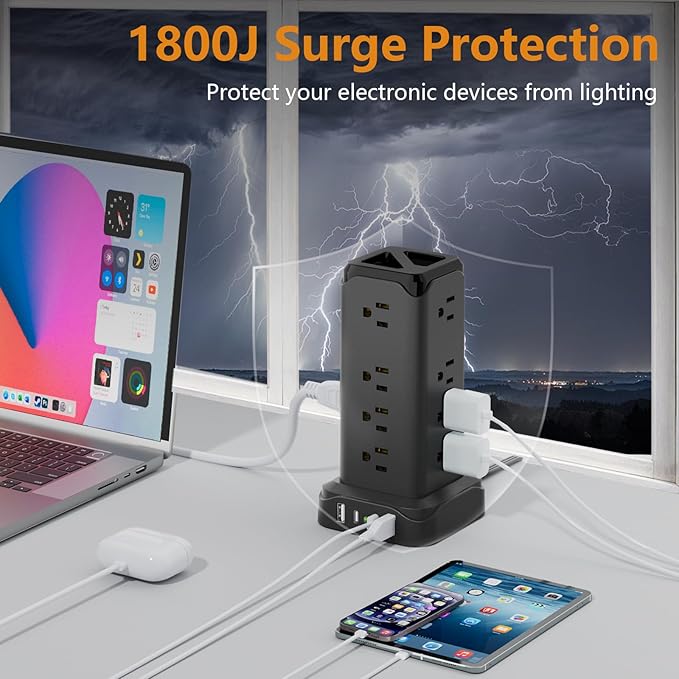 Power Strips with Surge Protection, PASSUS 6FT Flat Extension Cord with Multiple Outlets, 16AC Outlets Tower with 4 USB Ports(2 USB C) Charging Station Tower for Home Office Dorm