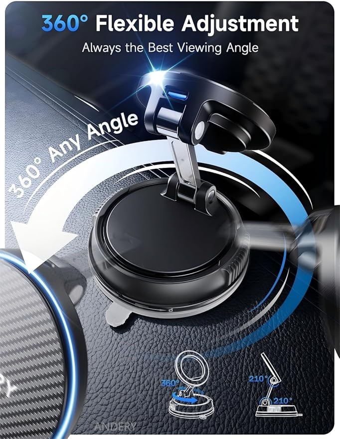 ANDERY Only for iPhone Magsafe Car Mount Charger [15W Wireless Faster Charging, 78+LBS Strongest Suction, 2400gf Strongest Magnetic] 360° Adjustable, Phone Holders for Your Car Accessories Kits