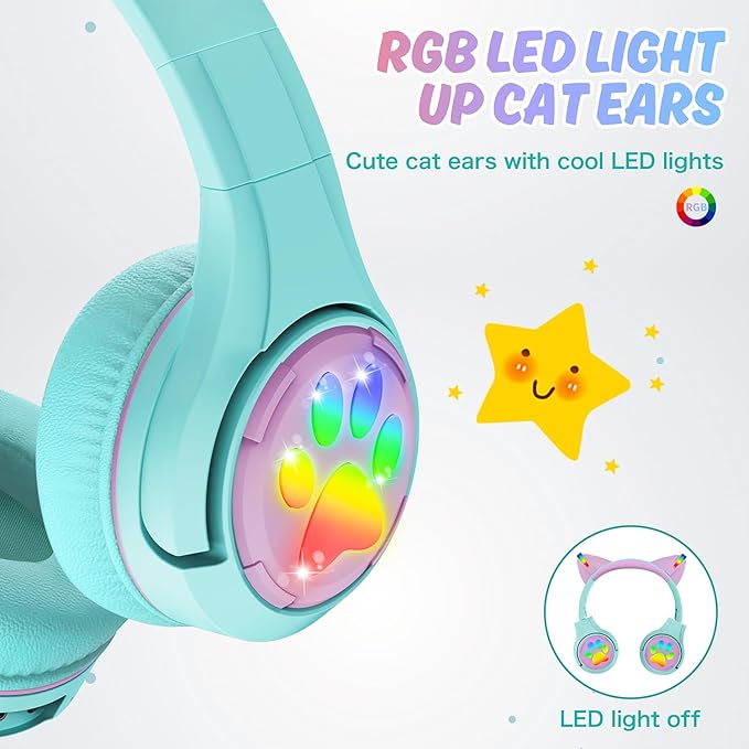 Riwbox CF9 Cat Ear Kids Bluetooth Headphones with LED Light Up,Safe 85dB Volume Limit,Built-in Mic&Boom Mic for Calls,Kids Wireless&Wired Headphones for Tablet/Airplane/School/Online Learning (Green)