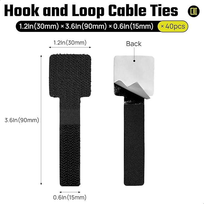 40 PCS Hook and Loop Cable Ties, Self Adhesive Cable Straps, Cable Management Under Desk, Adjustable Cord Organizers for Office Home and Kitchen, Black