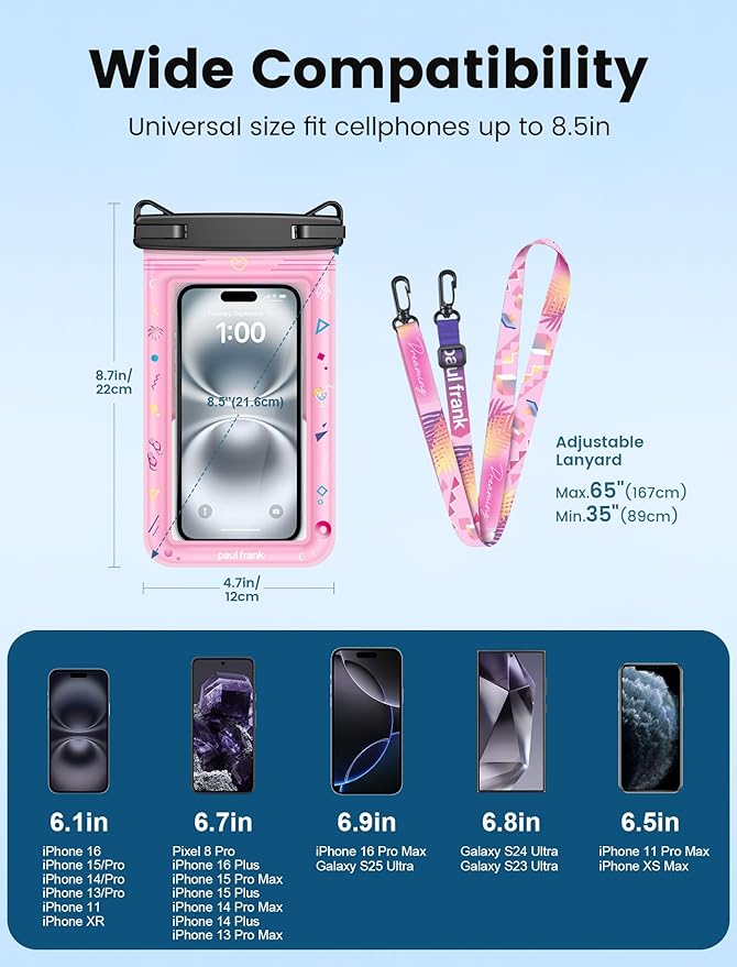 Paul Frank Waterproof Phone Pouch Floating, 2 Pack IPX8 Waterproof Phone Case with Lanyard for iPhone 17 16 15 14 Pro Max Galaxy S25 S24, Cellphone Dry Bag Beach Cruise Ship Essentials(up to 8.5")