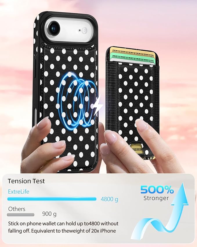 Shorogyt for iPhone Air Wallet Case - Fits 5 Cards, Compatible with Magsafe Detachable Magnetic Credit Card Holder Leather Cardholder Cute Phone Cover Women Girls for Apple 17 Air, Polka Dots