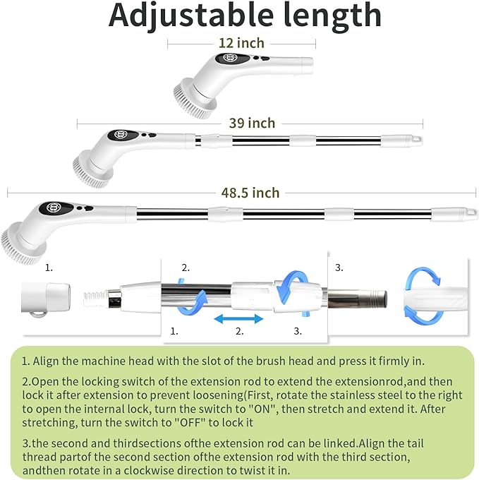CenGoes Electric Spin Scrubber Cordless Cleaning Brush Shower Cleaning Brush with 9 Replaceable Brush Heads Long Handle Shower Cleaner Brush for Bathroom, White, TD-8136