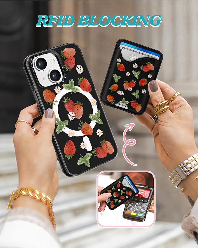 Toycamp for iPhone 15 Case - Compatible with Magsafe with Credit Card Holder Wallet Magnetic Girls Cute Girly Teens Kawaii Unique Strawberry Black Design Pretty Phone Cover for Apple 15 6.1"