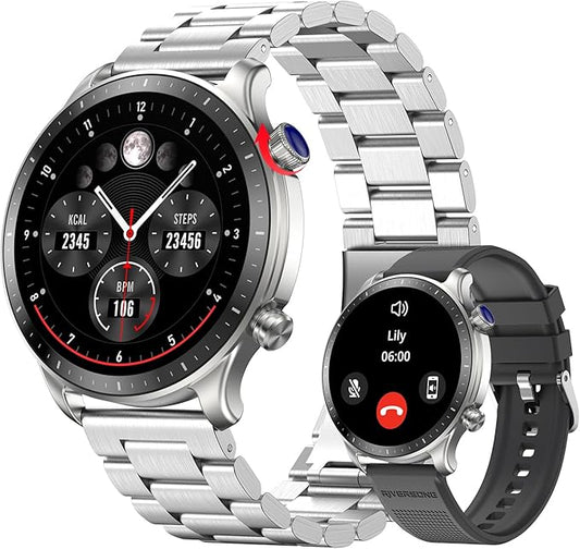 RIVERSONG Smart Watch for Men, 1.43" AMOLED Display with Bluetooth Calling, Heart Rate, Sleep, and SpO2 Monitor, 100+ Sports Modes, for iPhone/Android, Titanium Silver