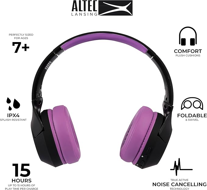 Altec Lansing Kid Safe Noise Cancelling Wireless Headphones 15H Battery, 85dB Volume Limit, Foldable Design Powerful Sound, Active Noise Cancellation Perfect for Kids Ages 7+