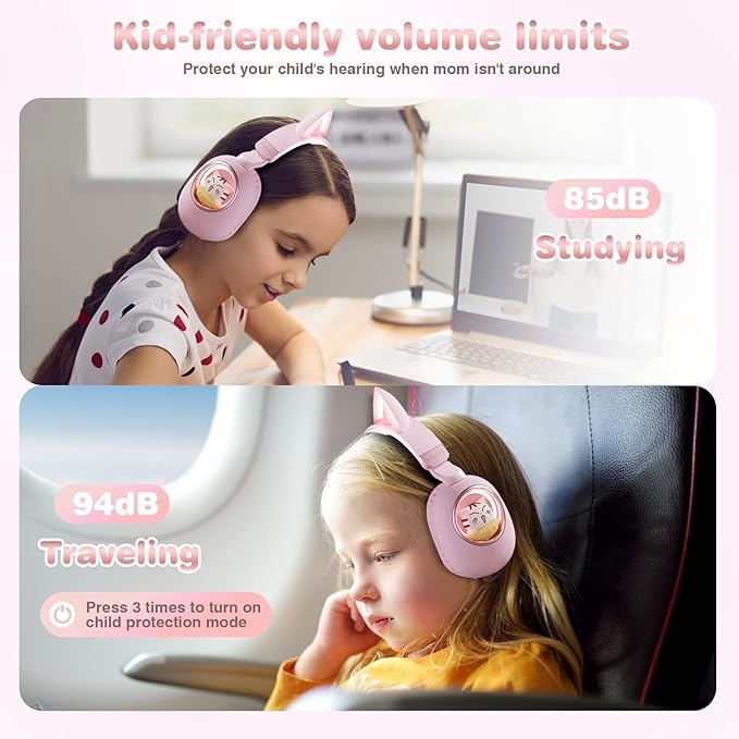 Cat Ear Headset, Kids Headphone Volume Limited 85dB, Wireless Bluetooth Over-Ear/On-Ear Foldable Headphone with Built-in Mic for Girls in Travel School with Phone Tablet Laptop PC PS4, Xbox