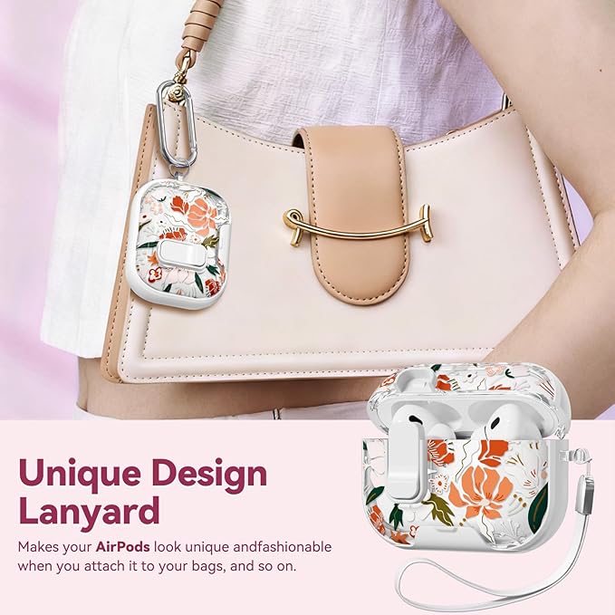 with Safety Lock for AirPods Pro 2nd 1st Generation Case Cover,Clear Floral Cute AirPods Pro 2 Case with Phone Stand & Cleaning Kit for AirPod Pro Case for Women Girly-Orange Flower