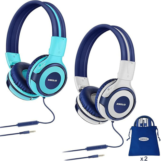 SIMOLIO 2 Pack Wired Headphones for Kids School with Share Port, 75dB/85dB/94dB Volume Limited & Mic, Foldable Children Headphones for Boys/Girls/Travel/Plane/Tablet/iPad/Kindle (Mint,Grey)