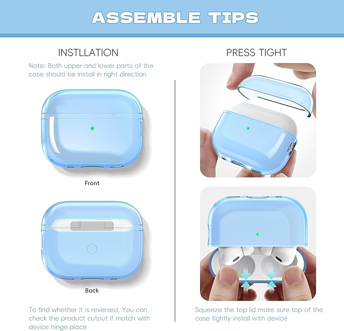 Airpods Pro 2nd/1st Generation Case Cover, Compatible with Airpods Pro Case 2nd Gen USB C Charging Port, Clear Soft Transparent Military Grade Shockproof Case, Clear Blue