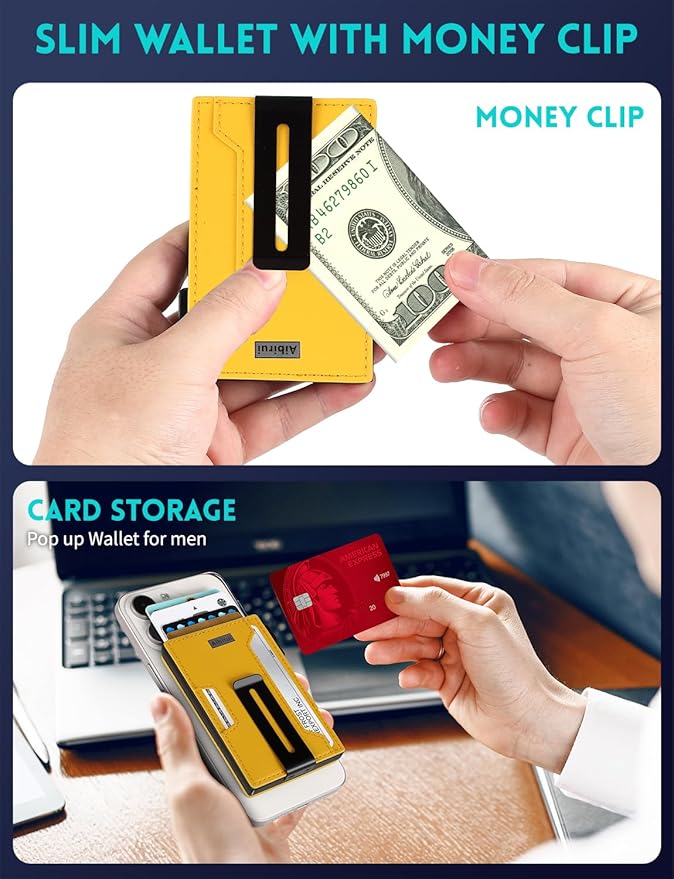 Wallet for men,Magsafe Wallet with Money Clip,Ridge Wallets for Men | Magnetic wallet for iPhone 17/16/15/14/13/12 Series,Card Holder(8 Cards & Bills), Aluminum & Microfiber Leather,Yellow