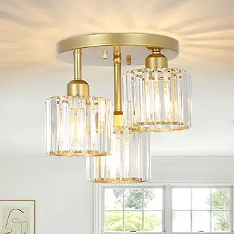 PAUFUL Modern Semi Flush Mount Ceiling Light,3-Light Golden Crystal Close to Ceiling Light Fixtures,Kitchen Light Fixtures with Clear Crystal Shade,Hallway Light Fixtures for Hallway Bedroom Bathroom