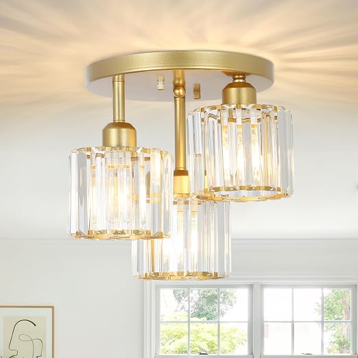 PAUFUL Modern Semi Flush Mount Ceiling Light,3-Light Golden Crystal Close to Ceiling Light Fixtures,Kitchen Light Fixtures with Clear Crystal Shade,Hallway Light Fixtures for Hallway Bedroom Bathroom