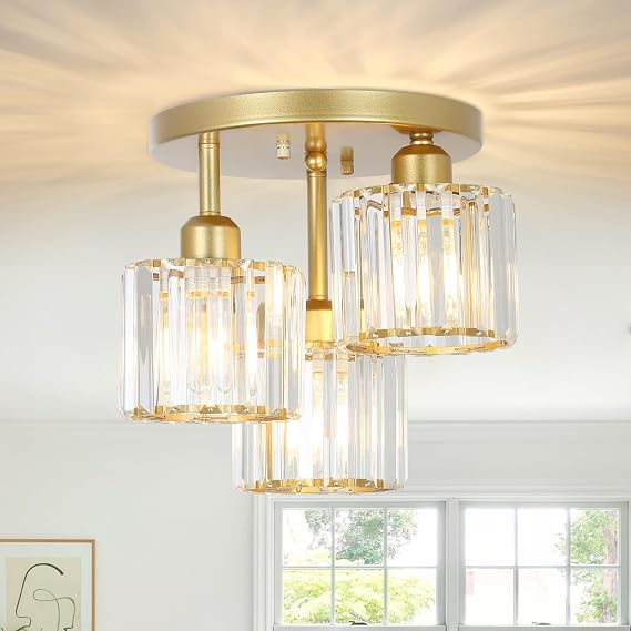 PAUFUL Modern Semi Flush Mount Ceiling Light,3-Light Golden Crystal Close to Ceiling Light Fixtures,Kitchen Light Fixtures with Clear Crystal Shade,Hallway Light Fixtures for Hallway Bedroom Bathroom