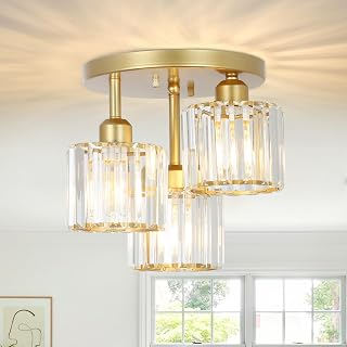 PAUFUL Modern Semi Flush Mount Ceiling Light,3-Light Golden Crystal Close to Ceiling Light Fixtures,Kitchen Light Fixtures with Clear Crystal Shade,Hallway Light Fixtures for Hallway Bedroom Bathroom - Image 1