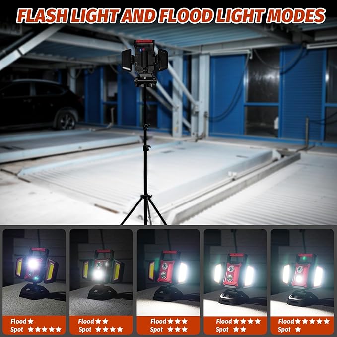 Rechargeable Work Light, 4000LM Magnetic Work Light with Clamp and Tripod Mount, 5 Modes Portable Cordless Flood Light for Outdoor, Construction Site, Workshop, Camping, Car Repairing