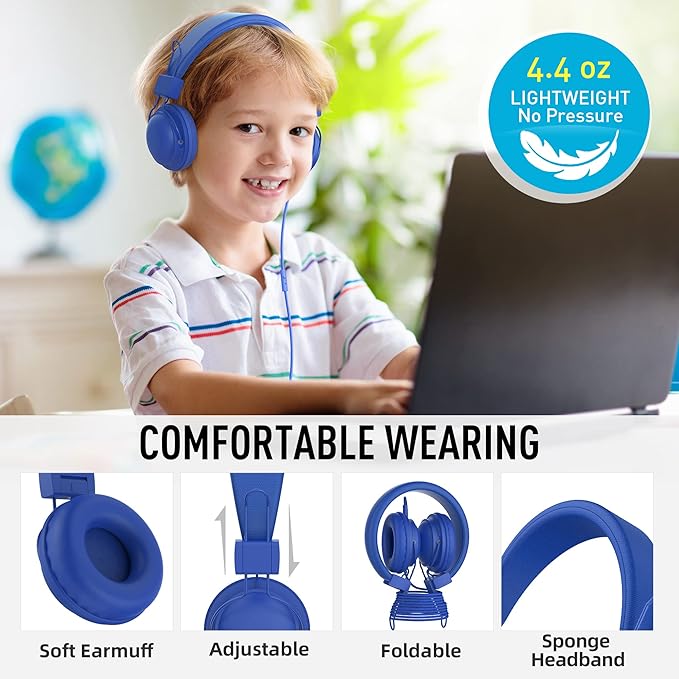 AILIHEN HD850 Classroom Headphones for Kids K-12 Students, School Wired Headphones with Microphone & 85dB Volume Limited & Sharing Function for Chromebook (Blue)