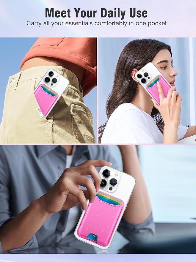TopMade for Magsafe Wallet, Sparkle Magnetic Card Holder for iPhone 17, iPhone 16/15/14/13/12 Series, Leather Magnetic Phone Wallet with Powerful Magnet, RFID Blocking, Fit 4 Cards, Glitter Pink