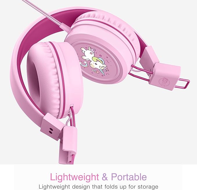 MEE audio KidJamz KJ55 Wired Children’s Headphones with 3.5mm Plug, Colorful Graphics, Volume Limiter & Microphone, Adjustable On-Ear Kids Headset for Online Learning/School/Travel/Tablet (Pink)
