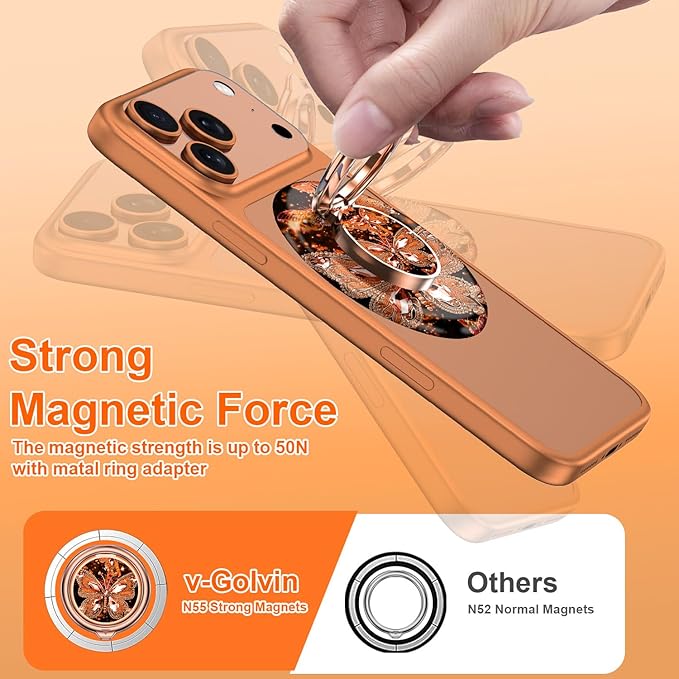 Magnetic Phone Ring Holder for MagSafe Grip,[Super Magnet],Stylish 360° Rotation Cell Phone Grip Stand Finger Ring Kickstand for iPhone 17 16 15 14 Pro Max,iPad and Smartphones,Orange