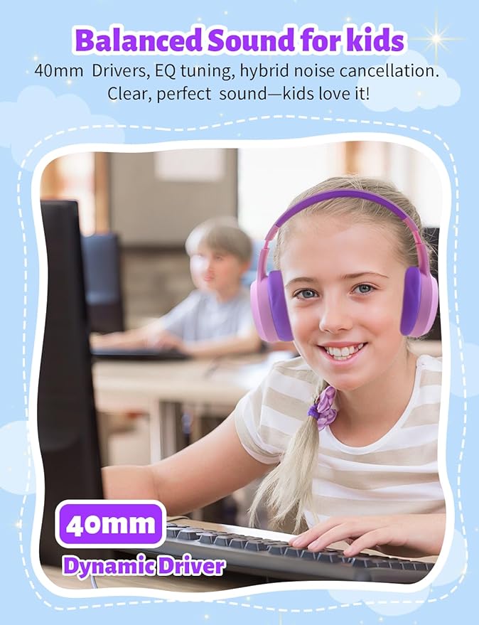 Active Noise Cancelling Headphones for Girls, 70H Play Time, Safe Volume 94dB, Bluetooth 6.0, Hybird ANC Kids Headphones Wireless for School/Travel/Airplane(Purple Pink)