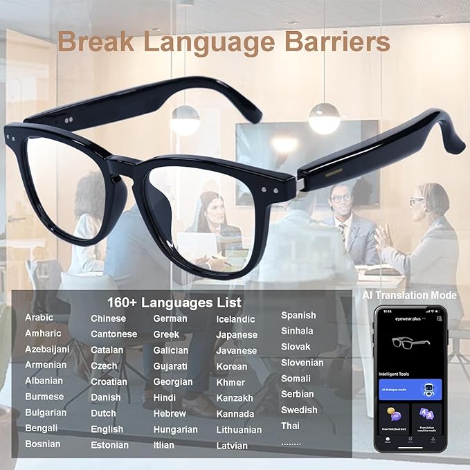 AI Smart Glasses, Anti Blue Light Bluetooth Translation Glasses with 164 Hands-Free Calls & Audio Multifunctional Smart Sunglasses for Men Women Travel Trade Business (KL01-Black-Color-Change-Lens)