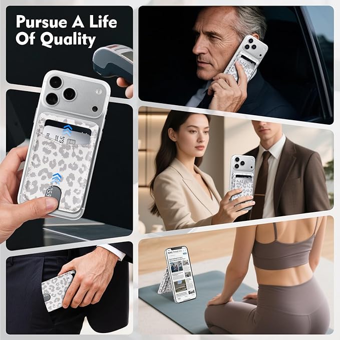Compatible with Magsafe Case with Card Holder for Men Women Magnetic Ultra-Thin Wallet Bracket Adjustable Bracket for iPhone 17/16/15/14/13/12 Pro/Pro Max/PlusSeries,Leopard-White