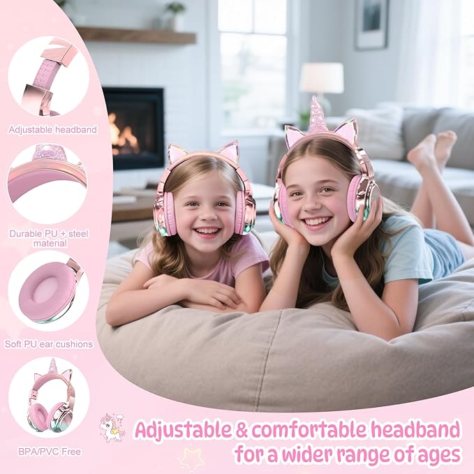 QearFun Kids Unicorn Bluetooth Headphones, 60H Playtime, 74/85/94dB Safe Volume Limit, Metallic Gradient Wireless Headset with Mic, Fast Charging, Foldable, Wired Mode for Girls School/Tablet/Travel