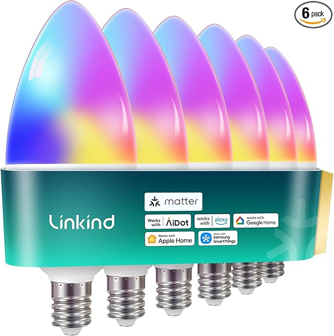 Linkind Matter Smart Bulbs, E12 Led Bulb Works with Alexa/Apple Home/Google Home, Smart Light Bulbs, WiFi Candelabra B11 Bulbs, RGBTW Color Changing Light Bulb, 2.4Ghz WiFi Bulb, 470 LM 6Pack