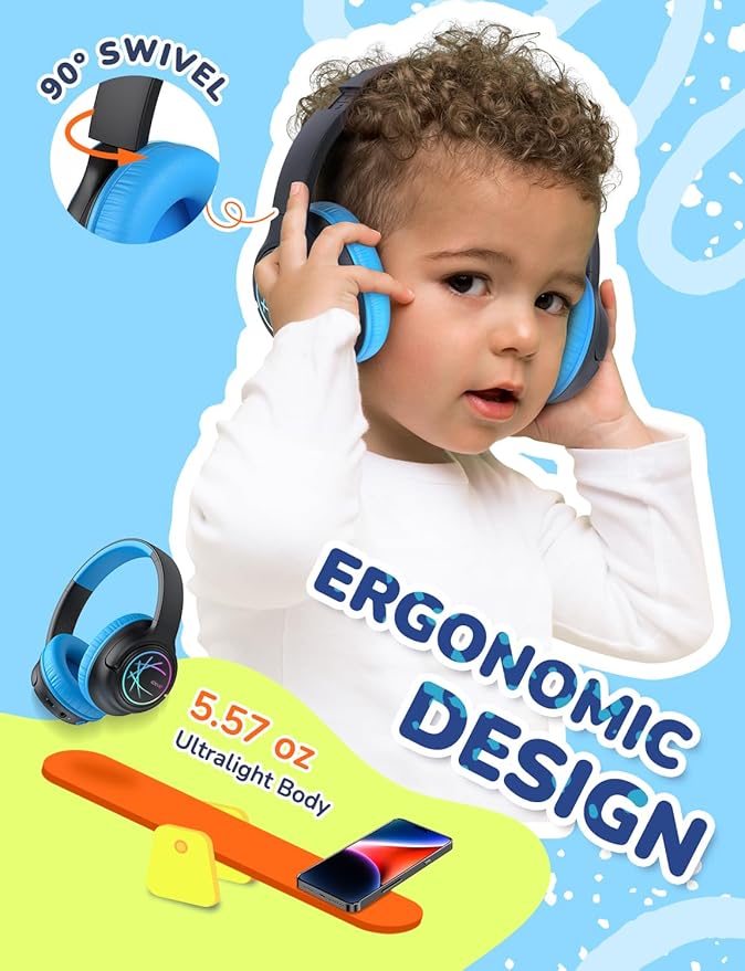iClever Kids Bluetooth Headphones with LED Lights, BTH18 Safe Volume 74/85dBA, 43H Playtime, Bluetooth5.3 Kids Headphones Wireless Aux Cord for iPad Tablet Travel School, Black