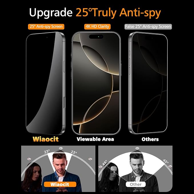 Wiaocit 3 Pack Tempered Glass Privacy Screen Protector for iPhone 16 Pro Max with 3 Pack Camera Lens Protector, 9H Hardness, Bubble Free, Case Friendly