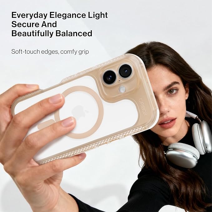 ORIbox Seralyn Series for iPhone 16 Case - MagSafe Compatible, Triple-Layer Shockproof Protection, Crystal-Clear Back with Elegant Matte Frame(6.1", Champagne Glow)
