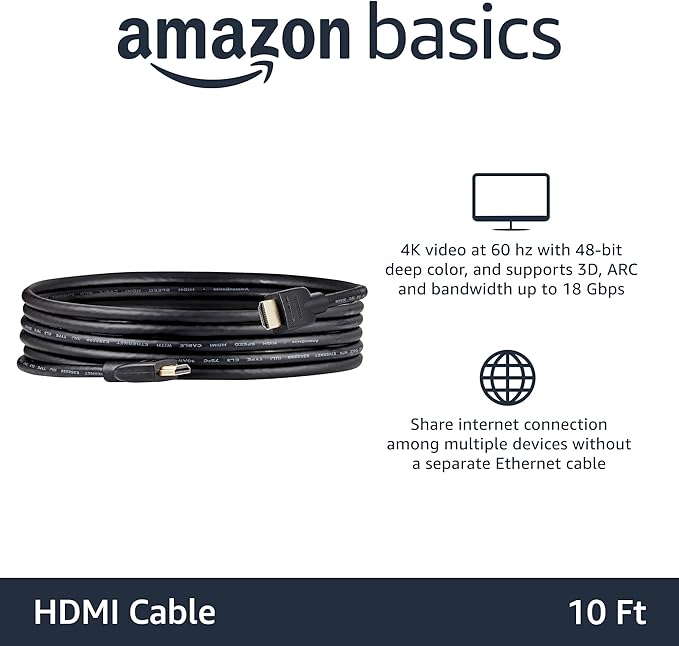 Amazon Basics High-Speed 4K HDMI 2.0 Cable, 3-Pack, 10ft, 4K@60Hz, 18Gbps, 2160p, 48 bit, Compatible with TV/PS5/Xbox/Roku/Blu-ray, Ethernet, Black