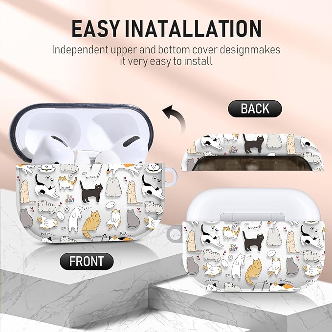 for Airpods Pro Case, Cute Cool Kitty Cat Pattern TPU Soft Cases for Airpods Pro Case 1st Gen, Shockproof for Airpods Pro 2019 Case Men Women with Cleaner Kit & Keychain