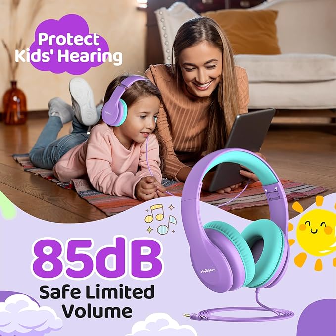 Wired Headphones for Kids, 85dB Volume Limit, 3.5mm Kids Headphones with Cord, Adjustable, Stereo Sound Foldable Toddler headsets for School-Purple