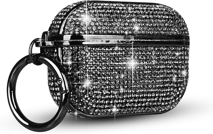 LUVI Compatible with AirPods Pro (2019) Diamond Case Rhinestone Bling Glitter Crystal Shiny Sparkle Cute Protective Shockproof Cover for Women Girls Luxury Skin with Keychain Black