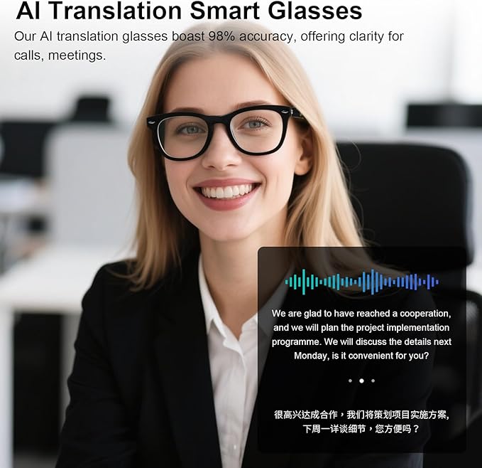 AI Smart Glasses for Men Women with Chat GPT, Bluetooth Translation Glasses - Supports 165+ Languages, Blue Light Filter with Open-Ear Speakers, Music Playback, Hands-Free Calls for Travel Trade.