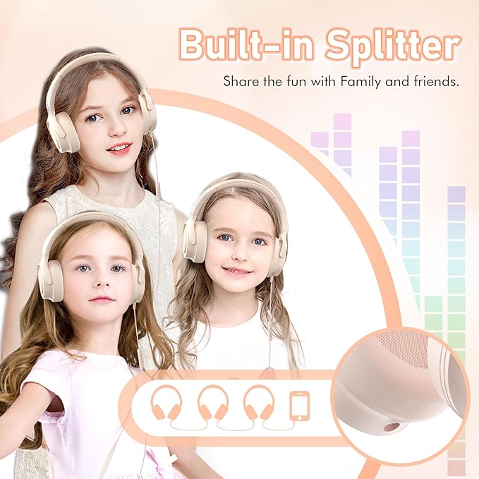 Kids Headphones with Cord-3.5mm Jack 85/94dB Safe Volume Control Built-in Microphone On-Ear Headphones for Kids/Teens/Girls/School/Travel/3.5mm Devices(Beige)
