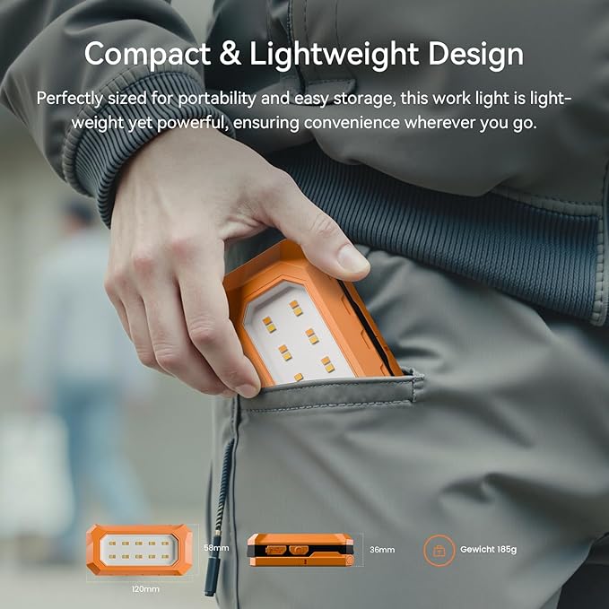 Rechargeable LED Work Light Cordless, 3000K-6500K CCT 500 Lumen, 40Hour Max, Adjustable 180° Stand IP54 Waterproof Compact Portable Job Site Lighting for Auto Repair DIY Outdoor Camping, Gift for Man