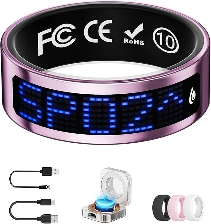 Smart Ring for Women & Men with Display, Health Ring with Heart Rate, Sleep Monitor, IP68 Waterproof Fitness Ring, Fitness Tracker Ring, No APP Fee for iPhone and Android (Pink, 10#)