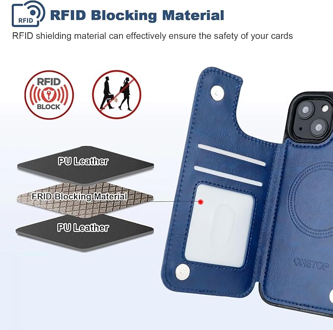 ONETOP Compatible with Magsafe for iPhone 13 Wallet Case with Card Holder, PU Leather Kickstand RFID Blocking Case, Double Magnetic Clasp and Durable Shockproof Cover 6.1 Inch (Blue)