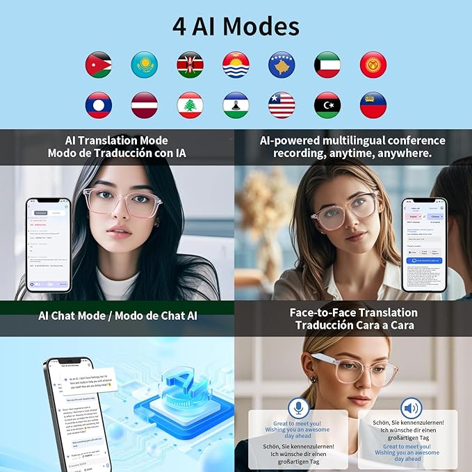 AI Smart Glasses for Men Women, Real-Time Translation(160+ Languages), AI Noise Reduction with Photochromic Lenses, Open-Ear Bluetooth Audio Glasses, Lightweight Design for Travel & Business