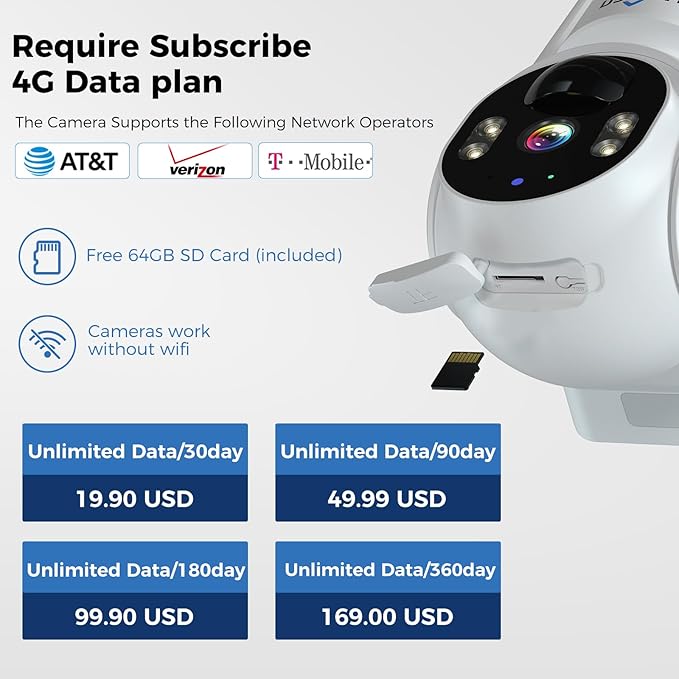 Hiseeu 4G LTE Cellular Security Camera Solar Powered, No WiFi Security Camera Wireless Outdoor, 24/7, PIR Motion, 2 Way Talk, 360° PTZ, 2K Color Night Vision, 64G SD & SIM Card Included