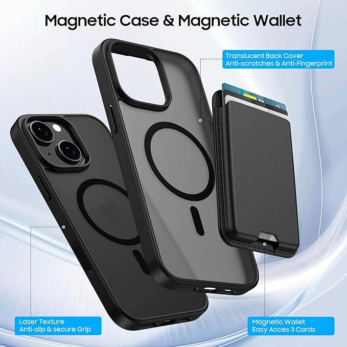 iPhone 15 MagSafe Case with Detachable Wallet – RFID Blocking, Military-Grade Drop Protection, Black