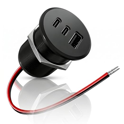 90W All-Aluminum RV USB Outlet 12V/24V 3 Ports Recessed Mount Wall