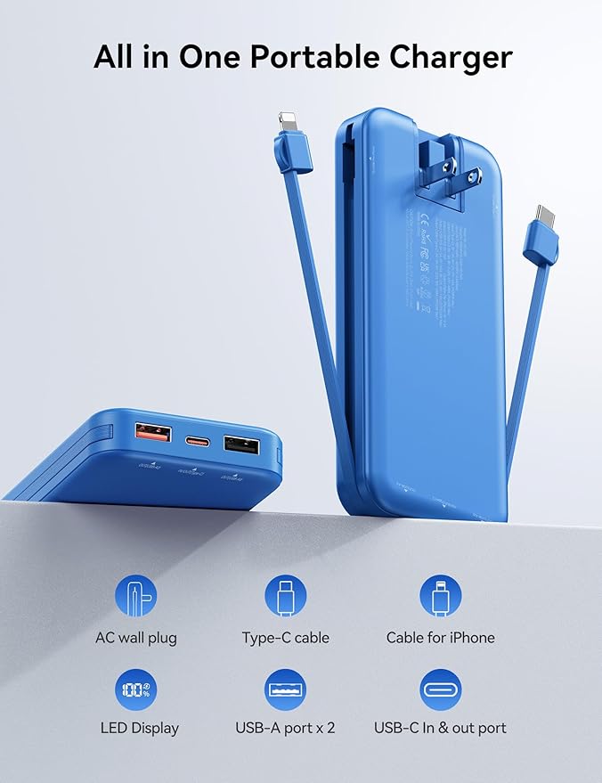 12000mAh Ultra-Portable-Charger-Power-Bank with Built in Cables&AC Wall Plug,PD20W USB-C Fast Charging Cell Phone Charger Battery Pack,LED Display Travel Battery Bank for All iPhone,Samsung,Android