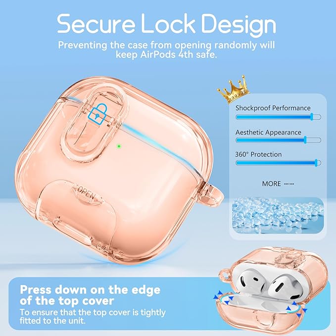 Clear Case for AirPods 4 Case Cover with Safety Lock,Soft TPU Cover with Phone Stand & Cleaning Kit,Cute Bling Keychain for Women Girls-Desert Gold