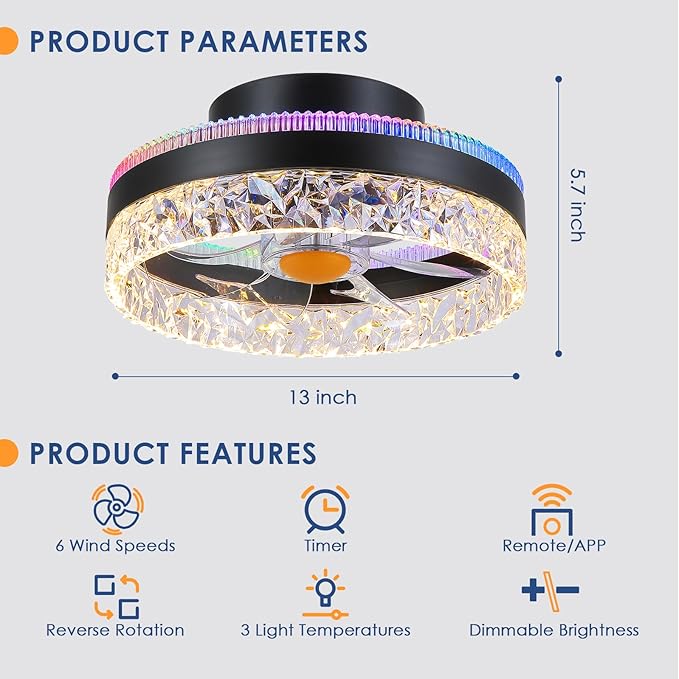 RGB Ceiling Fans with Lights Flush Mount - 13" Bladeless Small Fan Light with 6 Speeds, Reversible Motor, Modern Low Profile Ceiling Fan Light for Bedroom, Small Space, Party