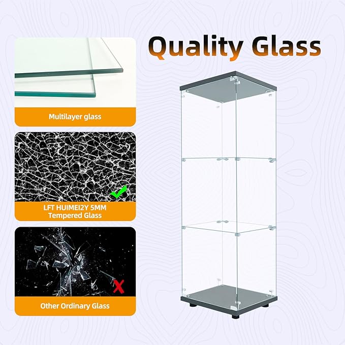 LFT HUIMEI2Y Glass Display Cabinet 3-Shelf with Door and Lock, Curio Cabinets Upgraded Quick-Install Style Tempered Glass Floor Standing Bookshelf for Bedroom, Living Room 49”x 17”x 14” Black